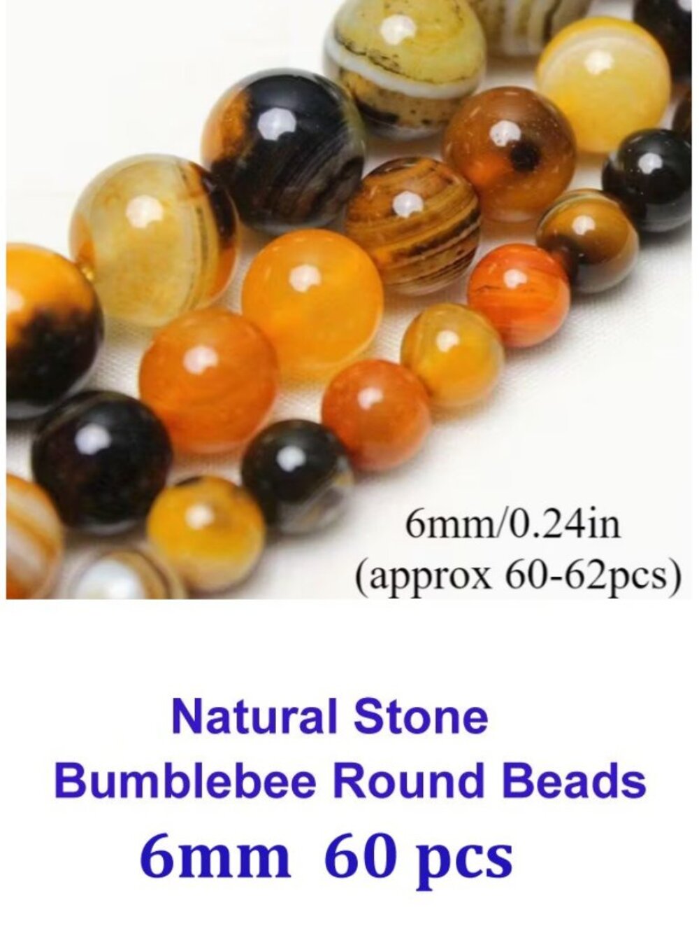 Natural Stone Bumblebee Round Beads  40 Beads 6mm